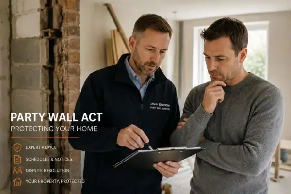 Party wall surveyor Loughborough discussing extension plans with homeowner outside a UK semi-detached house.